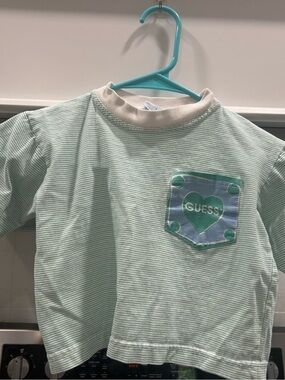 Guess Mint and White Striped Long Sleeve Top with Green-Blue Heart Pocket